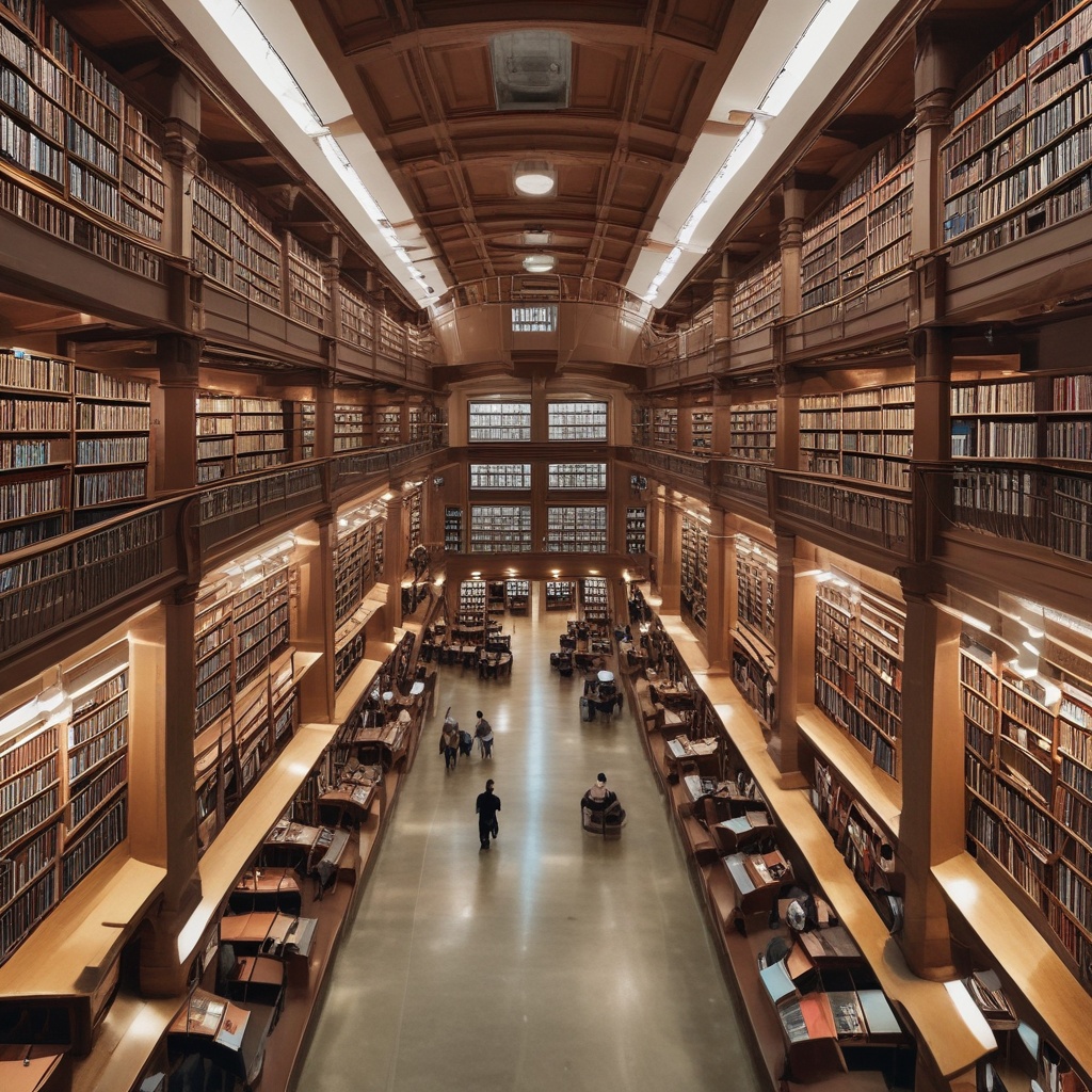 A wide shot of library interior, showcasing numerous bookshelves